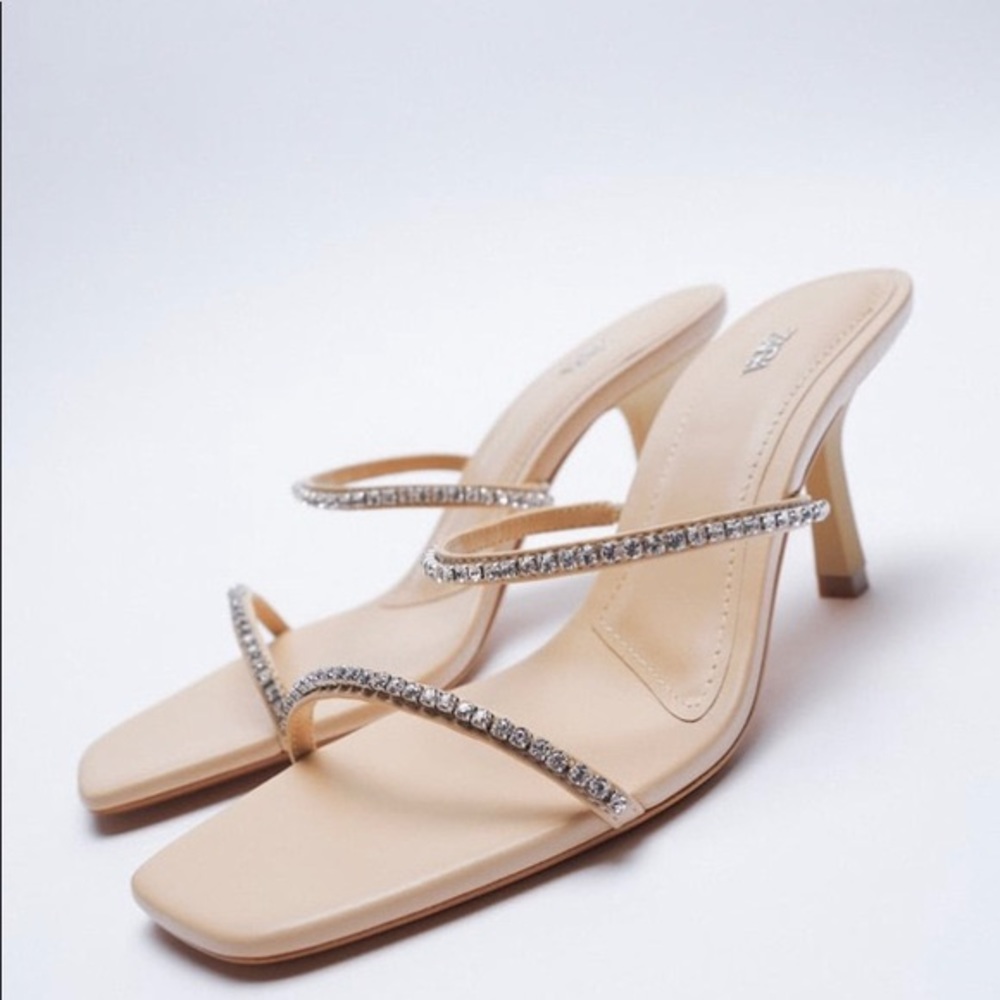 ZARA SPARKLY W/ RHINESTONES NUDE MULE HEELS